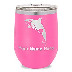 Wine Glass Tumbler, Killer Whale, Personalized Engraving Included (Pink)