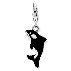 FB Jewels Solid 925 Sterling Silver 3-D Enameled Orca Whale Lobster Clasp Charm