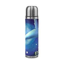 saobao Whale City Boy Water Bottle Stainless Steel Double Wall Vacuum Insulatied Thermos Cup Leak Proof Travel Coffee Mug Genuine Leather Cover Keep Drinks Hot and Cold 17 Oz