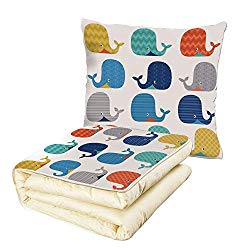 Quilt Dual-Use Pillow Kids Fish Sea Nautical Funny Colorful Whales in Stripes Dots Geometric Zig Zag Chevron Print Multifunctional Air-Conditioning Quilt