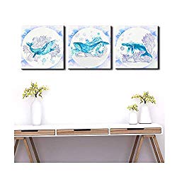 YOOOAHU 3 Pieces Canvas Prints Home Wall Decor Art Marine Animals Watercolor Dreamy Lake Blue Whales roam The Coral Sea Pictures Modern Artwork Stretched and Framed Ready to Hang -12"x12"x3 Panels