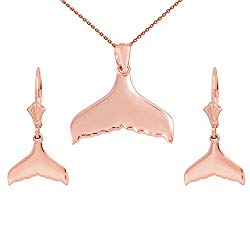 14k Rose Gold Whale Tail Pendant Necklace and Earring Set, 20"