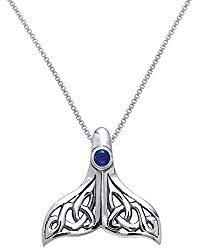 Jewelry Trends Sterling Silver Celtic Knot Whale Tail Pendant with Blue Glass on 18 Inch Chain Necklace