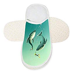 Fuxejin Winter Cotton Slippers,Fantasy Sea 2 Spinning Whales Printed House Slippers/Flat Shoes/Indoor Sliooers 6 B(M) US