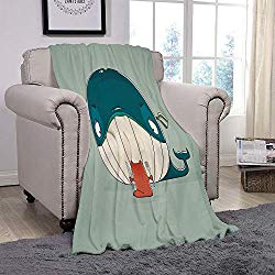YOLIYANA Light Weight Fleece Throw Blanket/Whale,Greedy Little Cat Sitting Down to Dine on A Huge Fish Dinner of Whale Cartoon,Almond Green Teal/for Couch Bed Sofa for Adults Teen Girls Boys