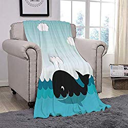 YOLIYANA Light Weight Fleece Throw Blanket/Whale Decor,Cute Smiling Happy Black Whale Swimming in Wavy Sunny Ocean Cartoon Artwork,Black and Blue/for Couch Bed Sofa for Adults Teen Girls Boys