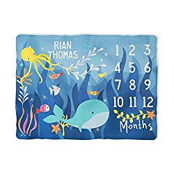Sea Life Milestone Blanket - Baby Boy Month Blanket with Ocean, Whale & Fish - Blue Monthly Tracker- Underwater Newborn (30x40)