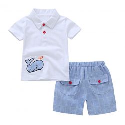 WARMSHOP Toddler Boys 2 Pieces Shorts Set Cartoon Whale Embroidery Shirt Tee Plaid Pockets Short Pants Clothes (12-18 Months, White)