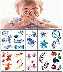 xingfei Sea World Temporary Tattoos for Kids - Pack of 10 Sheets - Great Children Party Favors - Non Toxic FDA Approved Colorants, Press On and Removable