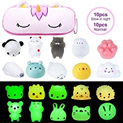 Whaline Mochi Squishy Toys, 21 Pcs Mini Relief Stress Toys Include 10 Pcs Glow in The Dark Kawaii Mochi Animals, 10 Pcs Ordinary Styles and 1 Unicorn Bag for Kids Birthday Present Party Favor