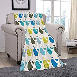 YOLIYANA Light Weight Fleece Throw Blanket/Nursery,Colorful Whales Dotted Squared Lined Animals Decorative,Blue Charcoal Grey Pale Blue/for Couch Bed Sofa for Adults Teen Girls Boys