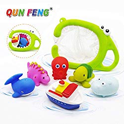 QUN FENG Baby Bath Toys for Toddlers with Floating Animal Rubber Bath Squirt Toys and Fishing Net Scoop Organizer for Boys and Girls Toddlers Kids(7 Pack)