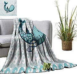 homehot Whale Decorative Throw Blanket Happy Big Smiling Cartoon Design Huge Whale with Modern Ornamental Design Artwork Traveling,Hiking,Camping,Full Queen,TV,Cabin 70" Wx84 L Blue and White