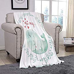 YOLIYANA Light Weight Fleece Throw Blanket/Whale,Whale with Be My Love Quote Hearts Inside Floral Wreath Romantic Marine Image,Almond Green Pink/for Couch Bed Sofa for Adults Teen Girls Boys