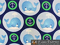 Fleece Printed Fabric WHALE ANCHOR GREEN / 58" Wide / Sold by the yard S-633