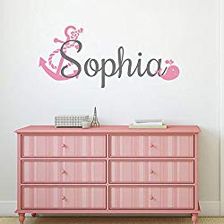 Anchor and Whale Nautical Wall Decal - Personalized Girls Name Wall Decal - Baby Girl Nursery Decor (Gray+Soft pink,14"h x 36"w)