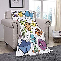 YOLIYANA Light Weight Fleece Throw Blanket/Whale,Ocean Animals Collection Cheerful Swimming Clown Fish and Puffer Fish Shrimp Artwork,Multicolor/for Couch Bed Sofa for Adults Teen Girls Boys
