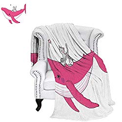 WilliamsDecor Whale Oversized Travel Throw Cover Blanket Three Cute Little Grey Kitten on Big Fish Aquatic Star Magic Animal Underwater Kids Theme Travel Throw Blanket 80"x60" Pink