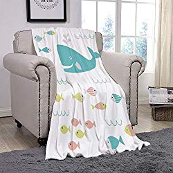 YOLIYANA Light Weight Fleece Throw Blanket/Whale Decor,Cute Smiling Whale Cartoon with Schoal of Tiny Fish Artwork,Blue Yellow Pink and White/for Couch Bed Sofa for Adults Teen Girls Boys