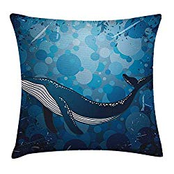 Whale Throw Pillow Cushion Cover, Vintage Whale Poster Motif on Marine Grunge Backdrop Retro Ocean Graphic, Decorative Square Accent Pillow Case, 18 X 18 Inches, Petrol and Violet Blue