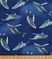 Cotton Whale of a Tale Humpback Whales Swimming Sea Animals Ocean Water Blue Cotton Fabric Print by the Yard (DC4958-OCEA-D)