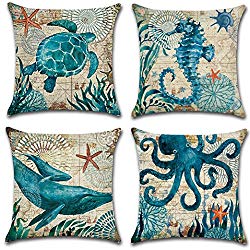 Homyall Sea Park Theme Cushion Covers Decorative Pillow Covers Cotton Linen Throw Pillow Covers Set of 4 Cushion Covers 18 x 18 inch, 4 Packs (Sea Theme)