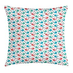 XGUPKL Whale Throw Pillow Cushion Cover, Colorful Cartoon Whales with Smiling Faces Giant Mammals of The Ocean, Decorative Square Accent Pillow Case, 18 X 18 inches, Dark Coral Sea Green Blue