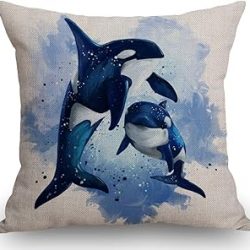 SSOIU Funda de almohada de lino y algodón con diseño de ballenas en acuarela, dos ballenas asesinas en el océano, para decoración de sofá, 18 x 18 pulgadas
