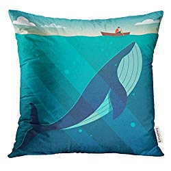 UPOOS Throw Pillow Cover Blue Dick Huge White Whale Under The Small Boat Hidden Power Concept Flat Style Black Sea Underwater Decorative Pillow Case Home Decor Square 16x16 Inches Pillowcase