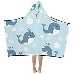 Cute Ocean Sky Blue Vivid Cartoon Whale Soft Warm Cotton Blended Kids Dress Up Hooded Wearable Blanket Bath Towels Throw Wrap for Toddlers Child Girls Boys Size Home Travel Picnic Sleep Gifts Beach