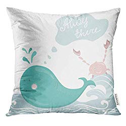 UPOOS Throw Pillow Cover Blue Baby Kids with Cute Whale and Smiling Crab in The Waves Ahoy There Colorful Fish Ocean Decorative Pillow Case Home Decor Square 16x16 Inches Pillowcase