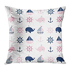 TOMKEYS Throw Pillow Cover Blue Abstract Cute Nautical Pattern with Whales and Boats for Children and Gray Anchor Animal Decorative Pillow Case Home Decor Square 18x18 Inches Pillowcase