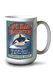 Lantern Press Lopez Island, WA - Orca Whale Vintage Sign (15oz White Ceramic Mug)