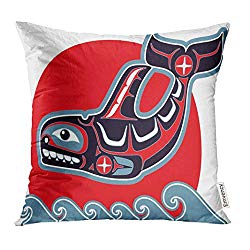 VANMI Throw Pillow Cover Black American Orca Killer Whale in Native Style Red Indian Tribal Decorative Pillow Case Home Decor Square 18x18 Inches Pillowcase