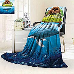 YOYI-HOME Season Duplex Printed Blanket for Bed Or Couch Whale Huge Whale Diving into Ocean in Rainbow Hand Drawn Image Perfect for Teens Multi Colored Warm Microfiber/W39.5" x H59