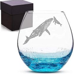Mothers Day Gift for Mom, Whales Stemless Etched Crackle Teal Wine Glass