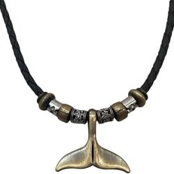 Men Women's Whale Tail Pendant Necklace with Black Braided Leather Cord, Vintage Tribal Boho Hipppie Style