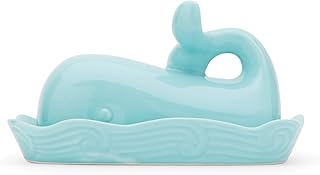Fox Run Whale Ceramic Butter Dish with Lid, 7", Aqua Blue