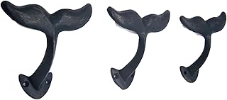 Wowser Navy Blue Whale Tail Cast Iron Wall Hooks, Wall Mounted Decoration, Beach Themed Wall Décor, Set of 3, 4.5 Inches High