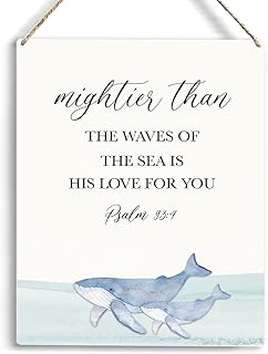 Inspirational Nautical Ocean Whale Decor Mightier Than The Waves of The Sea Psalm 93:4 Wooden Hanging Sign Gift for Baby Kids Girl Boy Nursery Teen Room Bible Verse Wall Art 8 x 10 Inches