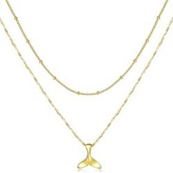 Gold Layered Necklaces for Women Dainty 14K Real Gold Plated Layering Necklace Bar Disc Fishtail Paperclip Chain Multilayer Necklaces Jewelry for Women