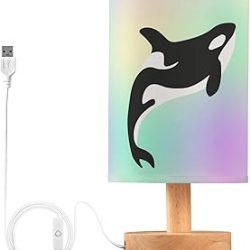Table Lamp Killer Whale in Swimming Pool Orca Swim in Water on Pastel Color Nightstand Lamp with Wood Base Fabric Lamp Shade Bedside Desk Lamp for Living Room Bedroom Kids Room Office