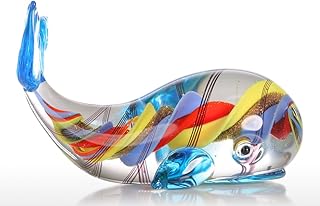Tooarts Colorful Whale Sculpture Glass Whale Figurine Ornament Hand Blown Multicolor, Christmas Birthday Gift