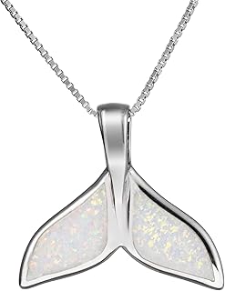 Aloha Jewelry Company 925 Sterling Silver Opal Whale Tail Necklace Pendant with 18" Box Chain, Blue White Opal, Nickel Free Hypoallergenic for Sensitive Skin, Gift Box Included