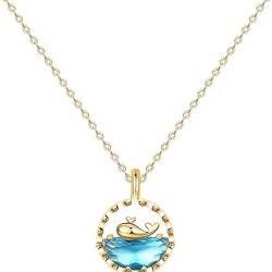 Gold Whale with Blue Zircon Necklace 18K Gold Plated Titanium Steel Whale Fish Pendant Short Necklace Chocker for Women