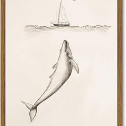 VIYYIEA Framed Canvas Wall Art Home Decor for Living Room Vintage Coastal Wall Decor White Whale and Sailboat Watercolor Room Aesthetic Farmhouse Art Prints Christian Wall Pictures Bathroom 9x11in