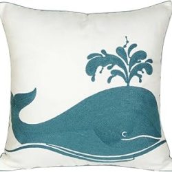 Embroidered Whale Throw Pillow Cover,Square 18 Inches Whale Decorative Canvas Pillow Cover for Nautical Style Deco by (Seagreen-Whale)