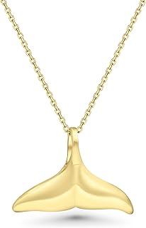 Whale Tail Necklace - 14K Gold Plated over 925 Sterling Silver, Whale Fin Hawaiian Pendant, Surfing Ocean Nautical Beach Wave Surfers Simple Minimalist Handmade Jewelry for Women