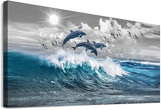 Wall Decorations For Living Room Large Size Canvas Wall Art For Bedroom Blue Waves Of The Sea Wall Pictures Artwork Modern Office Canvas Art Print Dolphins Wall Paintings Ready To Hang Home Decor