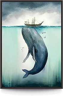 Doguiei Canvas Wall Art Watercolor Whale Painting Nautical Ocean Print Artwork Painting Ocean Life Painting Humpback Whale Below Boat 11.7x17.5 inch (Unframed)